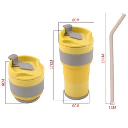 A yellow collapsible travel cup with a grey band, includes a straw. Dimensions are shown alongside the cup.