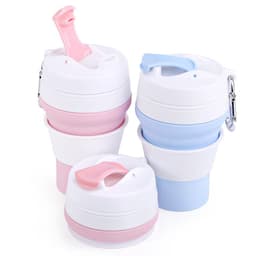 A set of foldable silicone cups in pink and blue, featuring a lid and a carabiner, with a logo on the side.