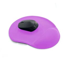 A purple mouse pad with a wrist rest and a black computer mouse positioned on top.