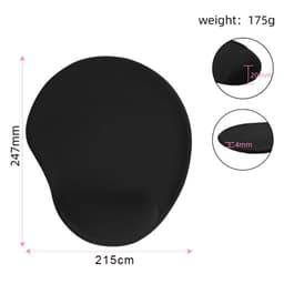 A black promotional mouse pad featuring a wrist rest, with specific dimensions and a sleek design.