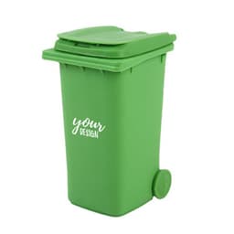 A green trash can pen holder with a lid and wheels, featuring a space for custom design.