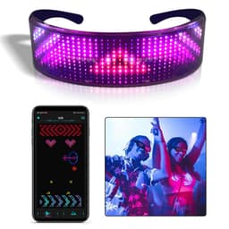 LED luminous glasses in purple with a vibrant, illuminated design and a smartphone displaying a connected app.