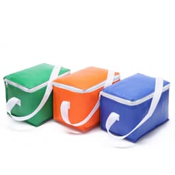 Three insulated cooler bags in green, orange, and blue, featuring zip closures and white straps. Each bag has a logo.