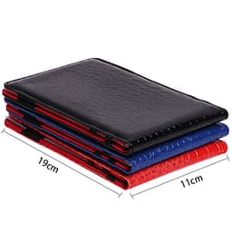 A stack of four PU golf scorecard holders in black, red, and blue, with a textured surface. Features a logo.