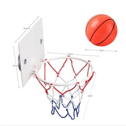 A mini basketball hoop with a white backboard and red, white, and blue net, accompanied by a small orange basketball.