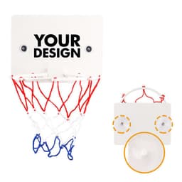 A mini basketball hoop with a white backboard and red, white, and blue net, featuring suction cups for attachment.