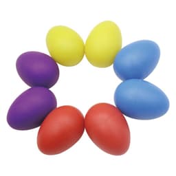 A circular arrangement of plastic egg shakers in purple, yellow, blue, and red colours, with a smooth surface and no text.