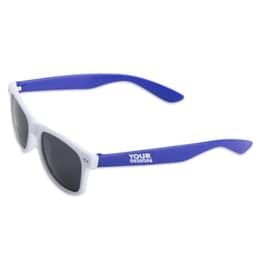White frame sunglasses with blue arms and dark lenses, featuring a logo on the temple. Ideal for outdoor leisure.