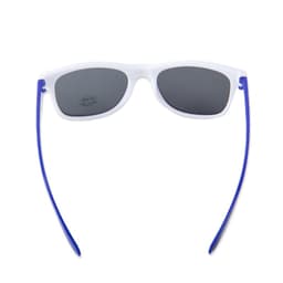 White frame sunglasses with dark lenses and blue accents. Features a logo on the lens.