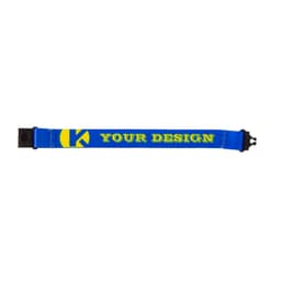 A blue polyester wristband with a buckle, featuring a logo and space for custom design.