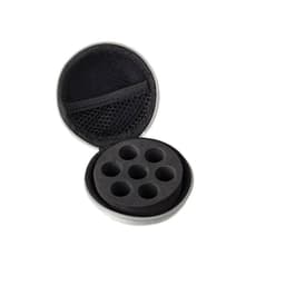 A round, black essential oil case with a zippered opening and six circular compartments inside.