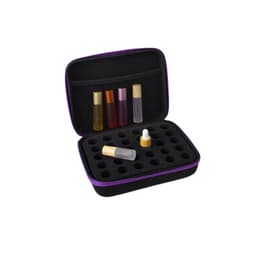 A storage bag in black and purple containing various essential oil bottles, with a mesh pocket and foam inserts.