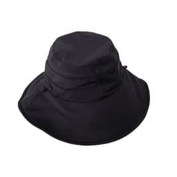 A wide brim bucket hat in black with a double-sided design and a branded logo.
