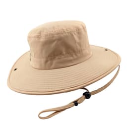 A wide-brimmed, beige sun protection boonie hat with a string adjustment for a secure fit.