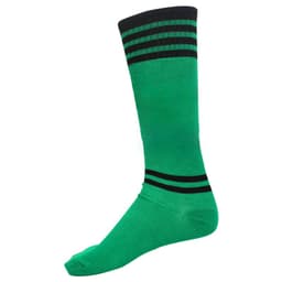 Green athletic socks with black stripes at the top and a logo on the side, designed for sports uniforms.