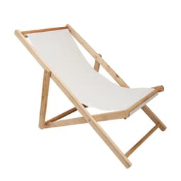 A foldable wooden beach sling chair with a light-coloured fabric seat and a natural wood frame.