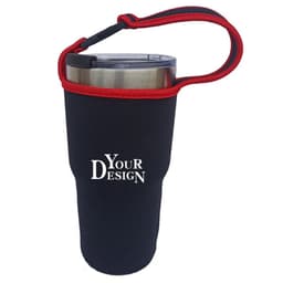 A drink bottle sleeve in black with red accents and a handle, designed for a 30 oz bottle, featuring a logo.