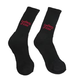 Custom black polyester crew socks featuring a logo on the side. Suitable for personalised design options.