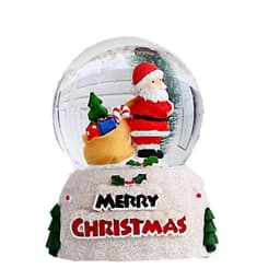 A Christmas snow globe featuring a Santa figure beside a decorated Christmas tree and presents, with a snowy base.
