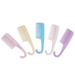 Five wide tooth combs in pastel colours including pink, yellow, blue, white, and purple, featuring curved hook handles.