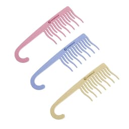 Three wide-tooth shower combs in pink, blue, and yellow, featuring a logo on each.