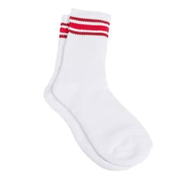 White crew socks featuring red stripes at the top, with a logo on one sock.