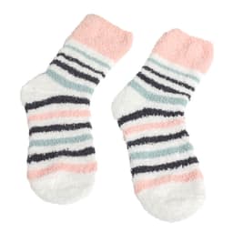 Fuzzy socks in white, pink, grey, and navy stripes, featuring a soft, plush texture. Includes a logo.