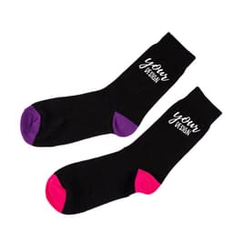 Custom crew socks in black with purple and pink accents, featuring space for personalised design.