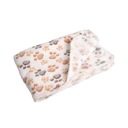 A soft fleece pet blanket featuring an animal paw print design in shades of brown and cream.