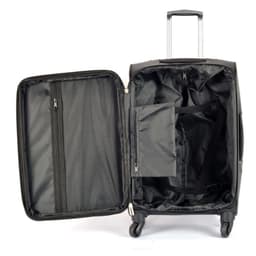 A black Oxford cloth travel trolley suitcase with an open interior featuring compartments and zippers.