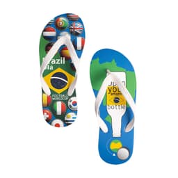 A pair of thongs in green and blue featuring various national flags and a bottle opener design. Includes a logo.