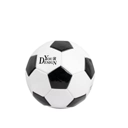 A black and white PU soccer ball with a logo and pentagon pattern, designed for children.