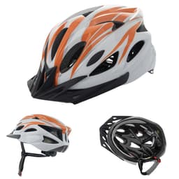 An adjustable cycling helmet in white and orange with ventilation holes and a logo on the side.