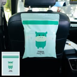 A light green disposable stick-on car garbage bag featuring a cartoon character, with a logo in the corner.