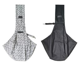 A pet sling carrier bag featuring a grey zigzag pattern and a solid black design, both with branding.
