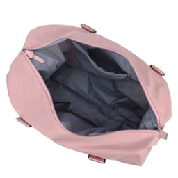 A large pink travel duffel bag, featuring an open zipper and a spacious grey interior. It has a logo on the exterior.