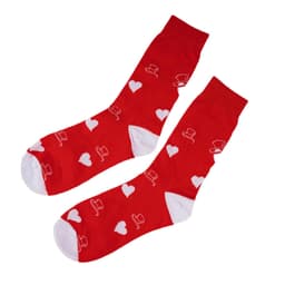 A pair of red custom tube socks featuring white top hats and hearts, with a white sole and toe.