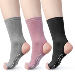 Cotton toeless yoga socks in grey, pink, and black with rubber grip soles and a logo on one pair.