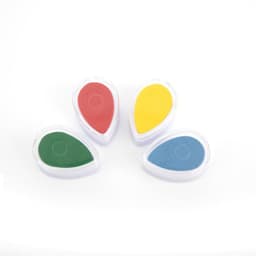 Mini water droplet-shaped inkpads in red, yellow, green, and blue, each housed in a transparent case.