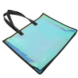 A holographic beach tote bag with black handles, featuring an iridescent surface in blue and green hues.