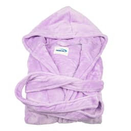 A lilac flannel hooded robe with a belt, featuring a hood and a soft texture. It has a logo on the inside.
