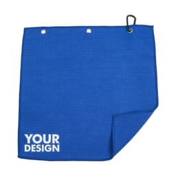 A blue waffle golf towel featuring a carabiner and a corner with a branding logo.
