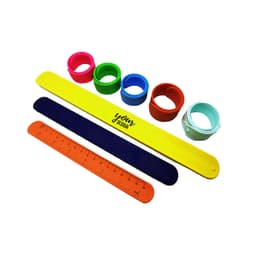 A variety of silicone slap bracelets in yellow, blue, green, red, orange, and light blue, featuring a design and ruler.