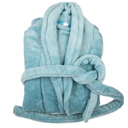A lapel flannel bathrobe in a soft turquoise colour, folded neatly with a tied belt. It has a smooth, plush texture.