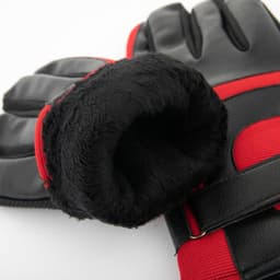 Waterproof ski gloves featuring a black and red design with a soft, fur-lined interior. Includes a logo.