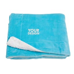 A folded sherpa fleece throw blanket in turquoise blue with a white, soft underside and a logo.