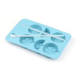 A blue silicone ice cube tray shaped like lemons, featuring six compartments and a stirring stick.