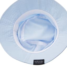 A light blue unisex foldable cotton bucket hat featuring a simple inner lining and a logo tag inside.