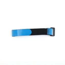 A blue adjustable strap featuring a black velcro section and a buckle, designed for bicycle fixing.