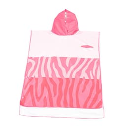 A pink microfiber hooded beach towel featuring a zebra stripe pattern, with a hood and a logo.